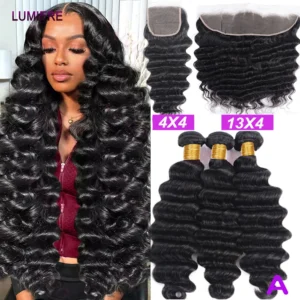 32 40inch Loose Deep Wave Bundles with Closure Frontal HD Transparent Lace Closure And Bundle Peruvian Hair Weave Hair Extension