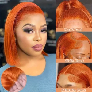 Human Hair For Black Woman 180% Lace Front Short Bob Wig Brazilian Orange Ginger 13X4 Straight Transparent Lace Frontal Wigs