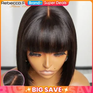 Straight Human Hair Wigs With Bangs Fringe Middle Part Bob Lace Wigs Realistic Scalp Brazilian Straight Bob Lace Wigs With Bangs