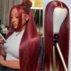 Burgundy Transparent Lace Frontal Human Hair Wig Pre Plucked Red 99J Straight Colored Lace Front Human Hair Wigs For Women